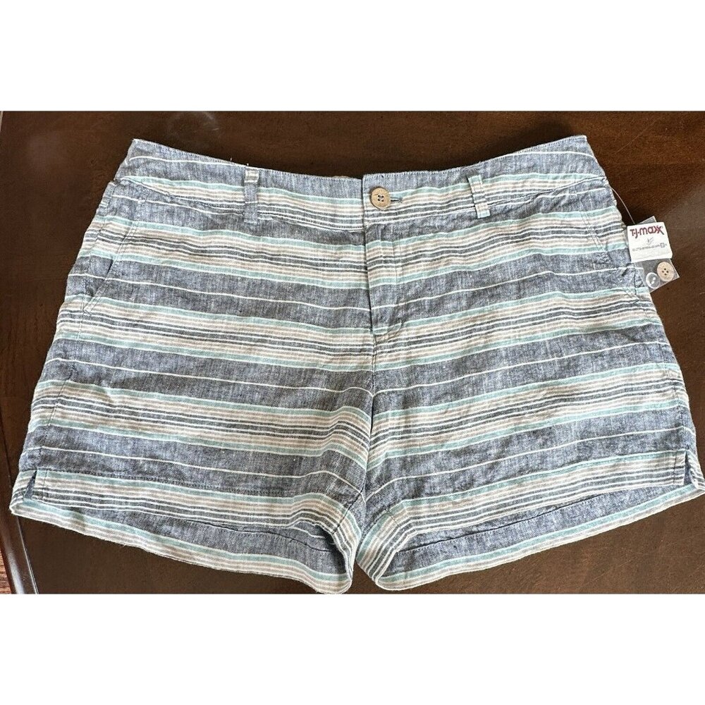St. Tropez West 100% Linen Stripe Shorts Blue tan White Flat Front Pockets Sz 10